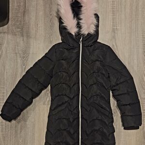 Black Puffer Jacket with Pink Fur Trim
